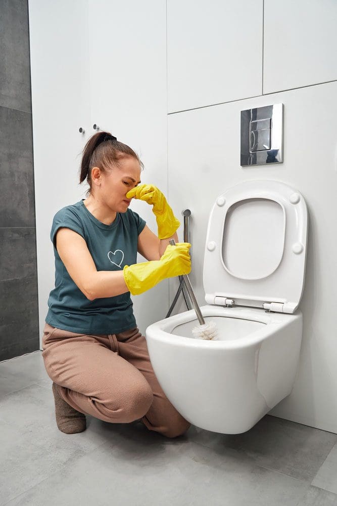 person covering their nose while trying to clean a toilet